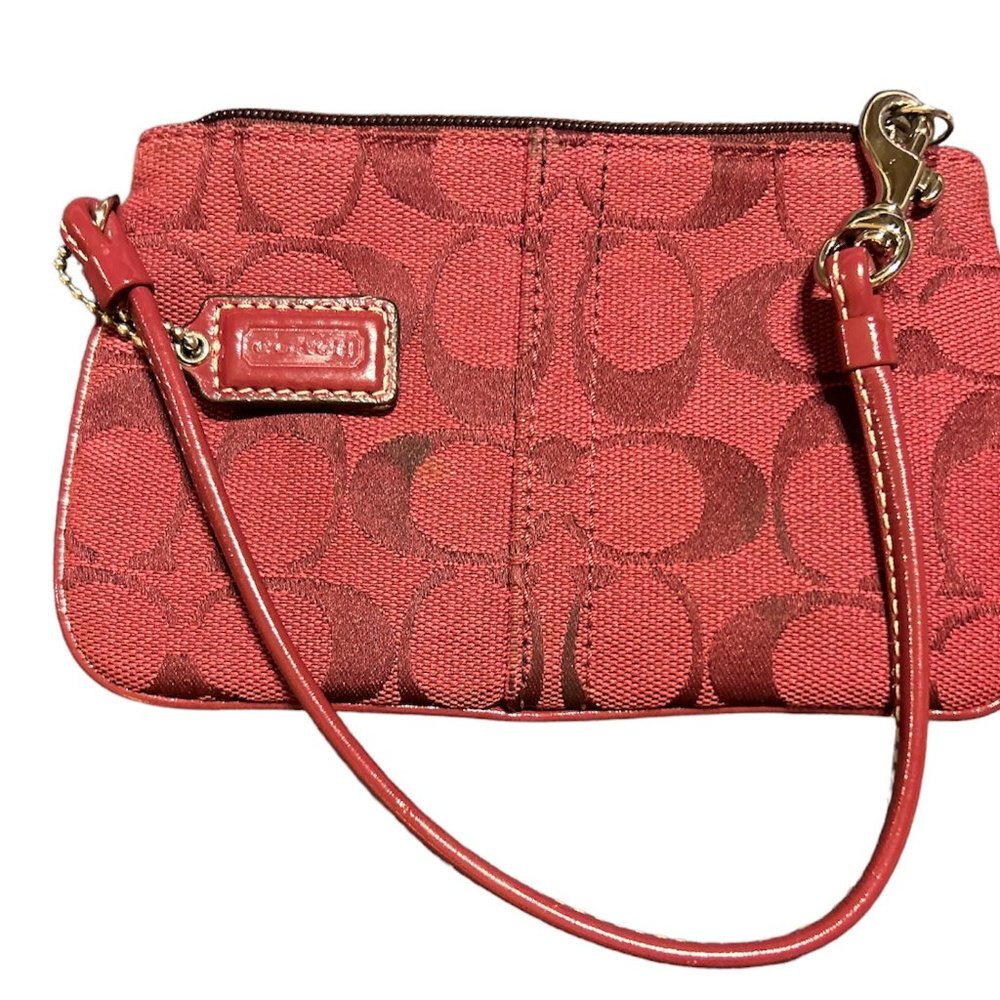 Coach Purple Signature Canvas Leather Trim Wristlet Clutch Wallet